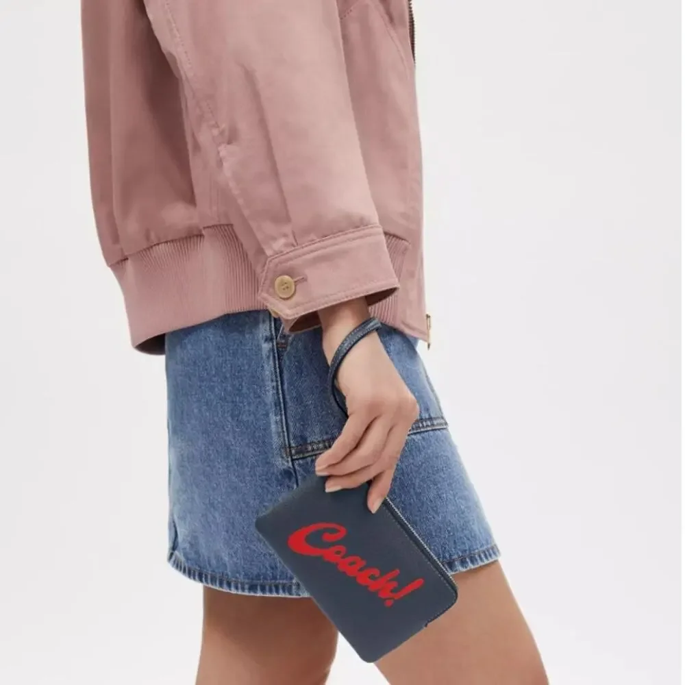 Coach Corner Zip Leather Wristlet Wallet – Navy Blue with Bold Red Script - NWT - Picture 3 of 7